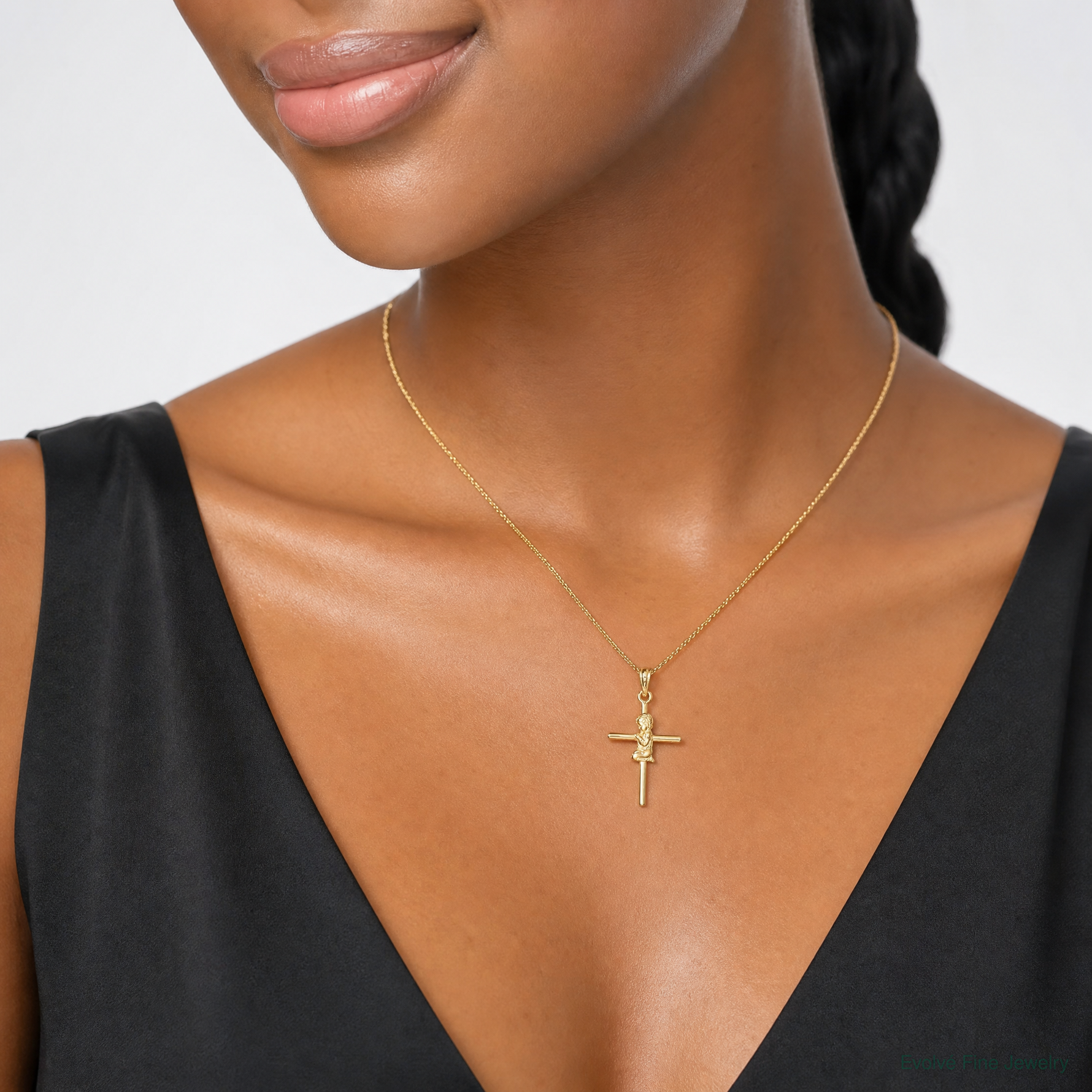 14k Praying Boy Cross Charm - Model Shot