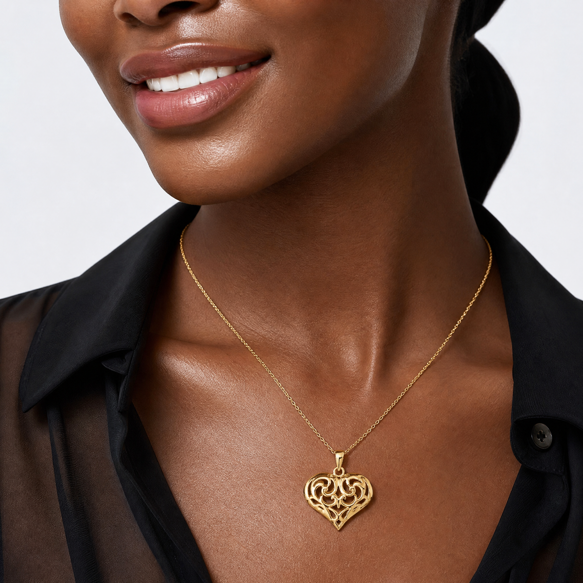 14K Polished 3-D Filigree Puffed Heart Pendant - Model Shot