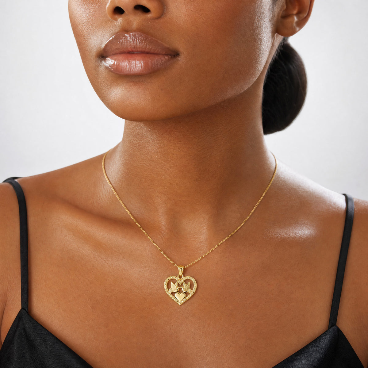 14K Polished Doves in Heart Pendant - Model Shot