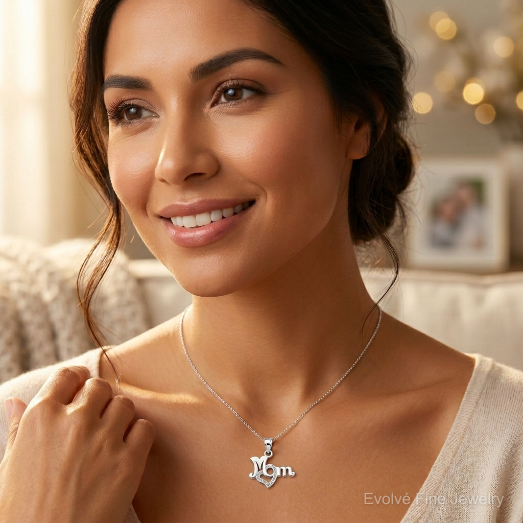 14K White Gold MOM with Heart Pendant - Model Shot