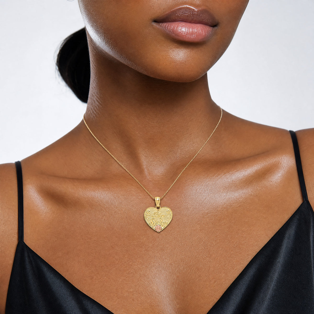 14k Two-tone BIG SISTER Heart Pendant - Model Shot