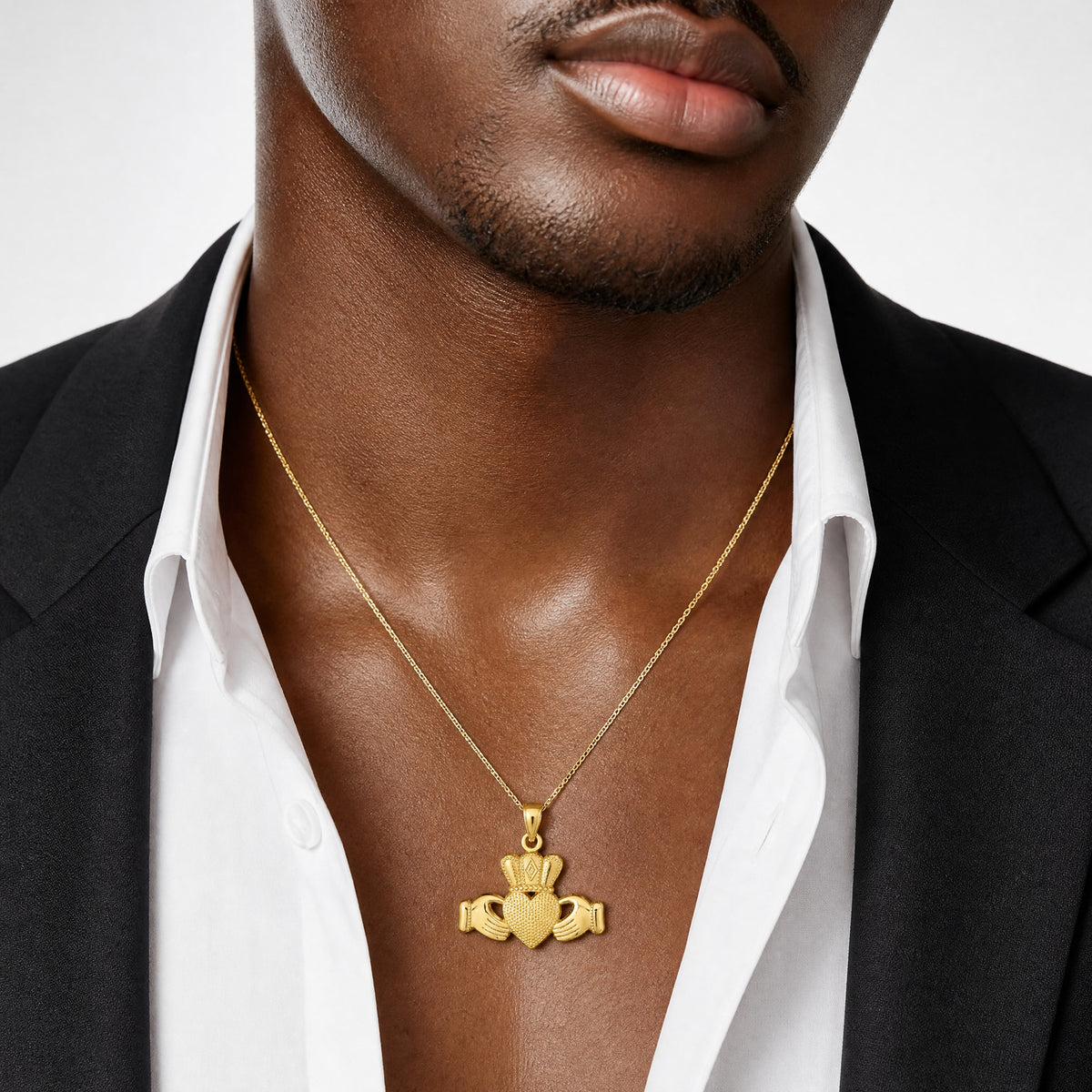 14K Claddagh Pendant with Textured Crown - Model Shot