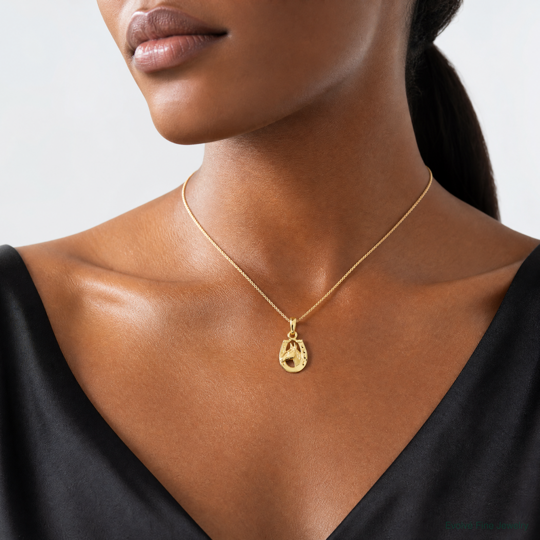 14K Horseshoe with Horse Head Pendant - Model Shot