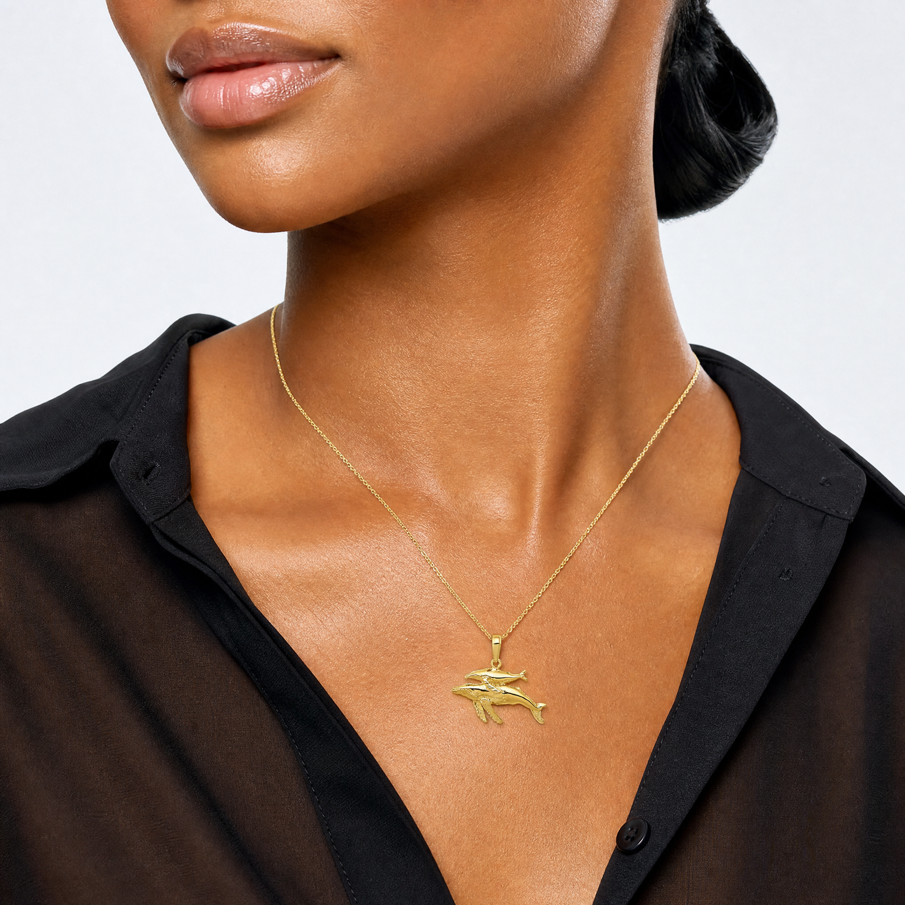 14K Mother and Baby Humpback Whale Pendant - Model Shot