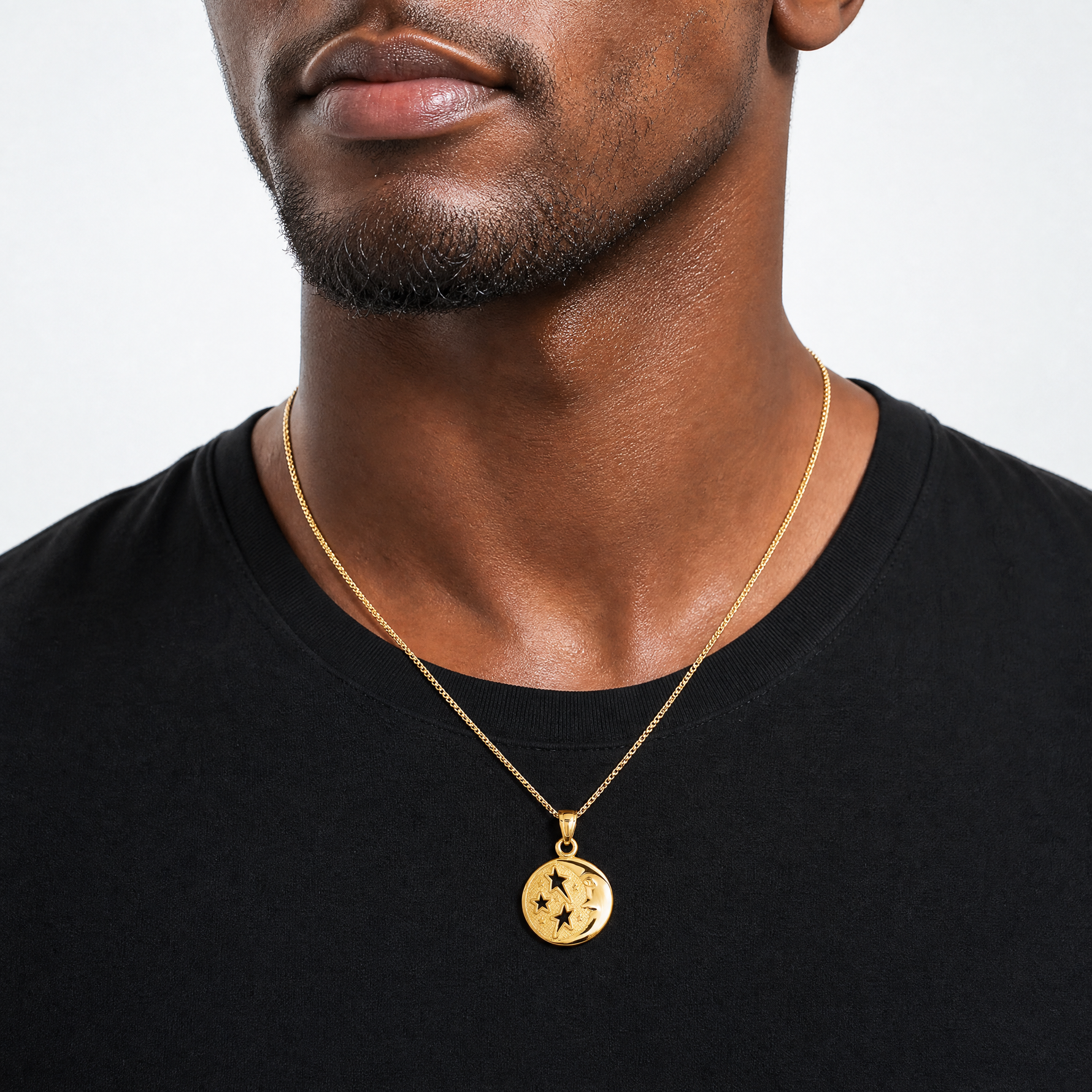 14k Polished Flat-Backed Moon with Three Stars Pendant - Model Shot