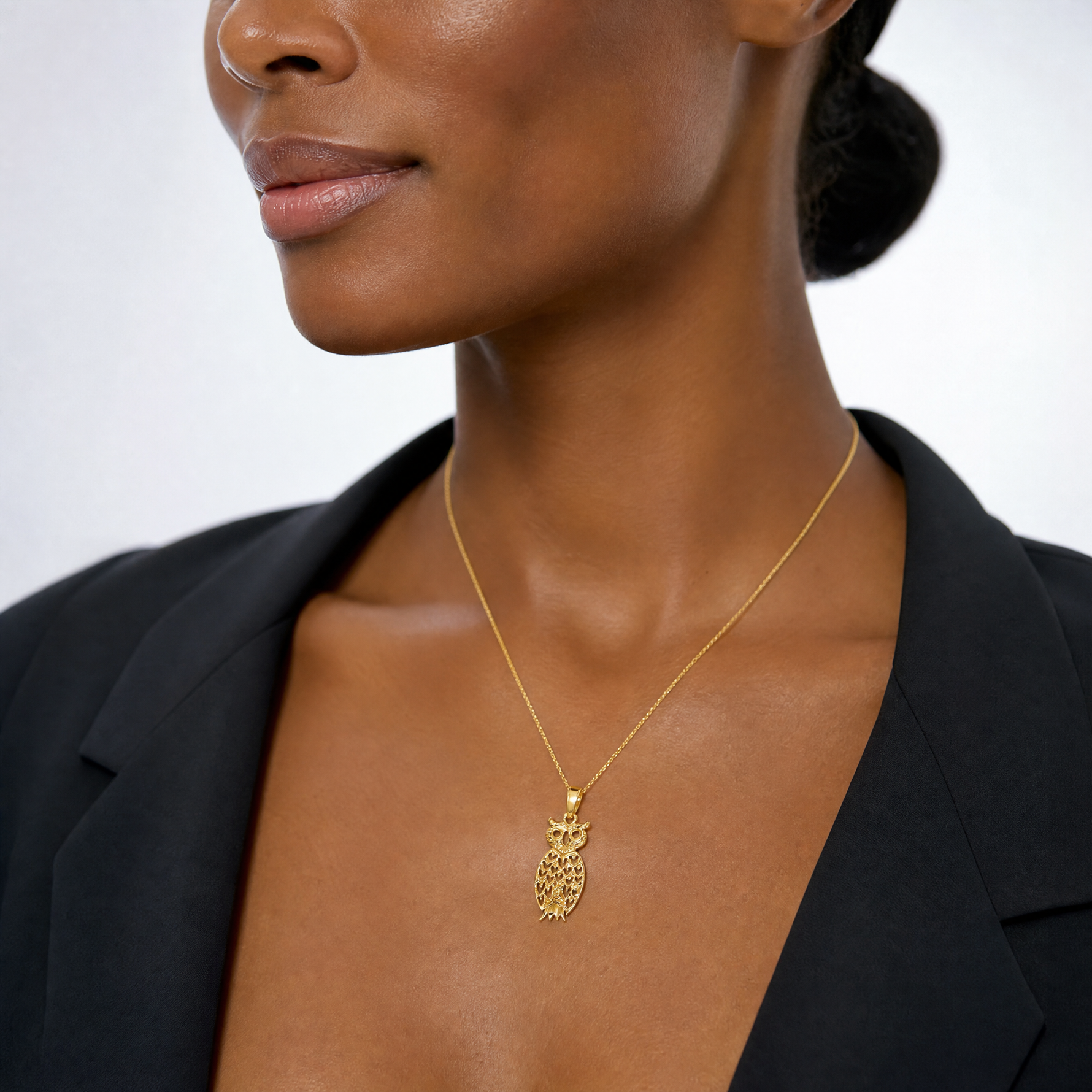 14K Owl Pendant - Model Shot