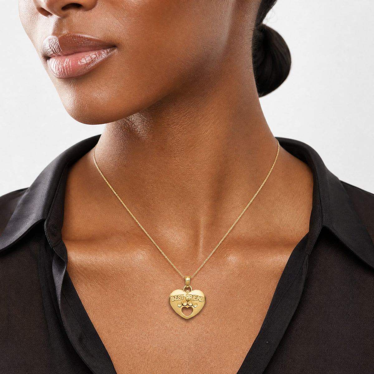 14K BEST FRIEND on Heart with Cut-Out Paw Pendant - Model Shot