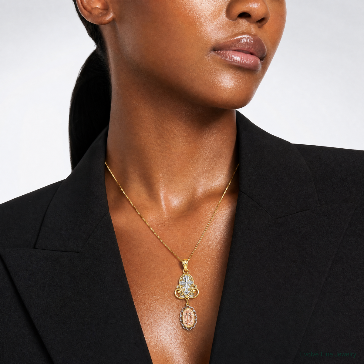14K Two-Tone w/White Rhodium Lady Guadalupe Cross Pendant - Model Shot