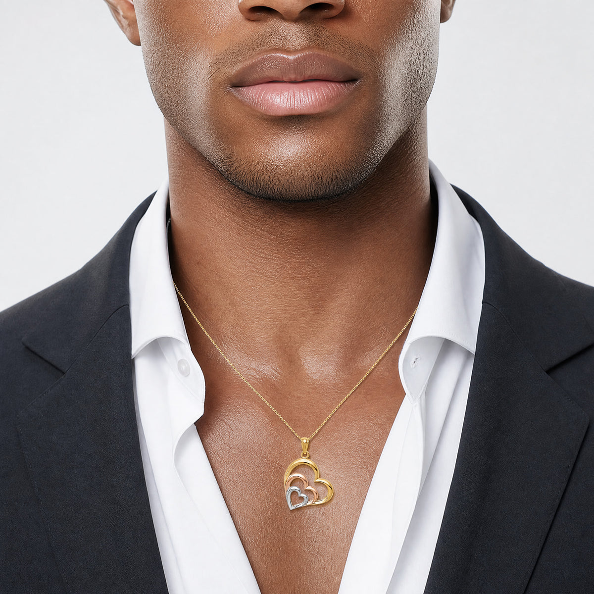 14K Two-tone and White Rhodium Polished 3 Hearts Pendant - Model Shot