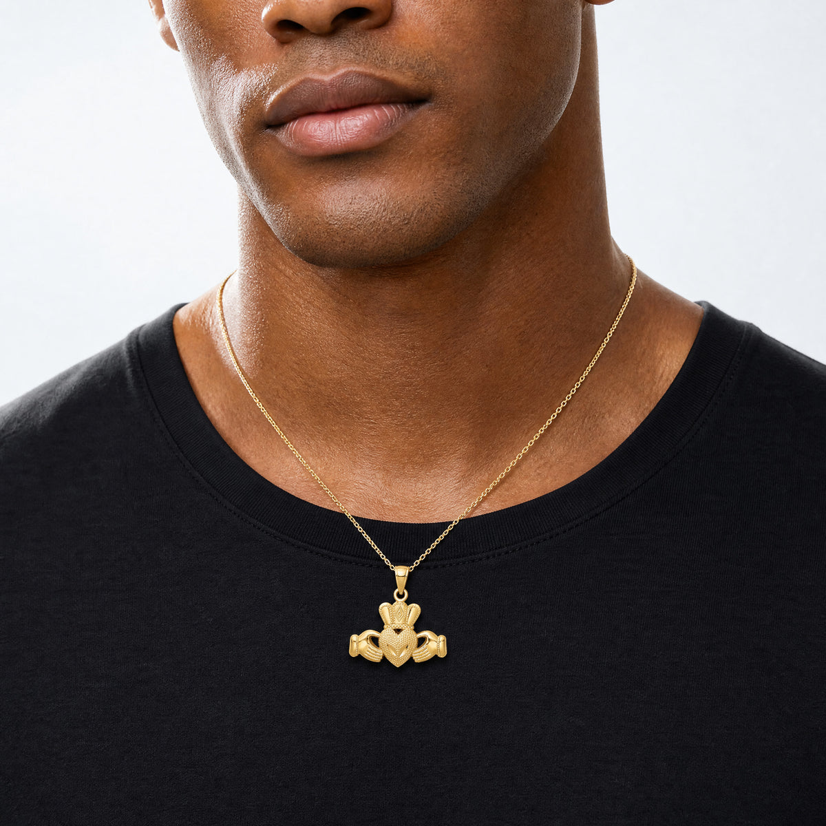 14k Polished/Textured Claddagh Pendant - Model Shot