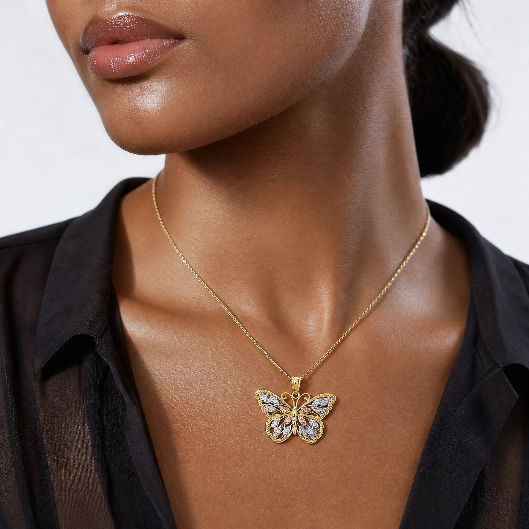 14k w/White and Rose Rhodium Diamond-cut Butterfly Pendant - Model Shot