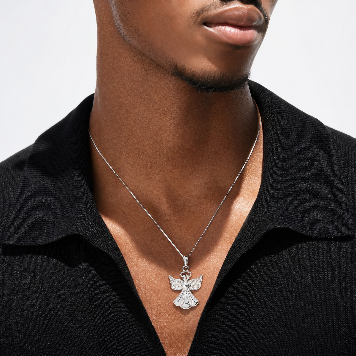 14K White Gold Polished/Textured Guardian Angel Heart Pendant - Model Shot