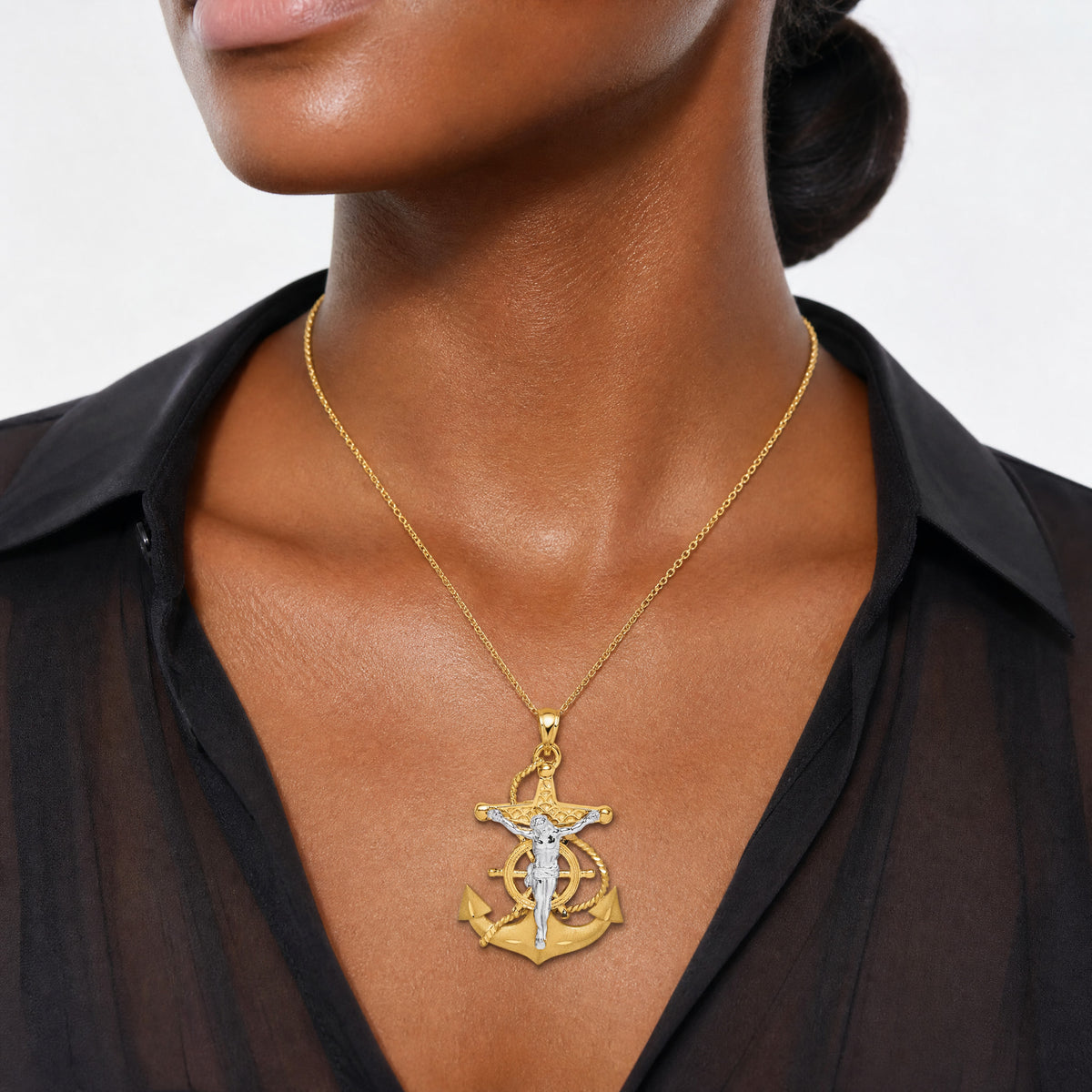 14K Two-tone Polished/Satin D/C Mariner Crucifix Pendant - Model Shot