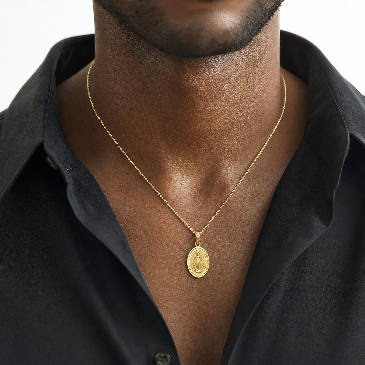 14K Polished Miraculous Medal Pendant - Model Shot