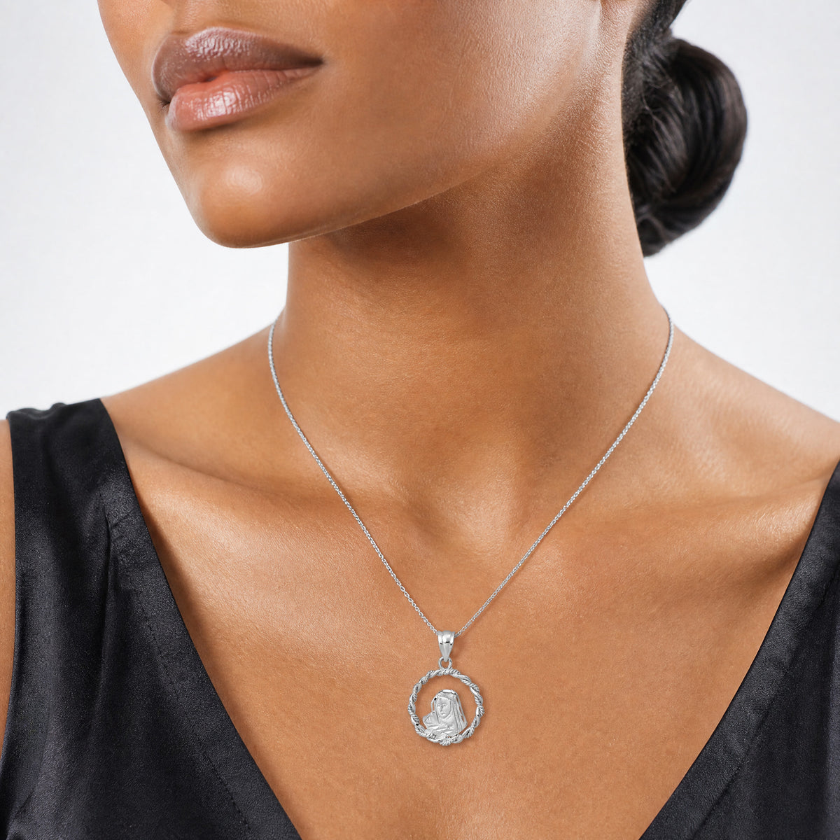 14K White Brushed & Polished Diamond-cut Virgin Mary Pendant - Model Shot