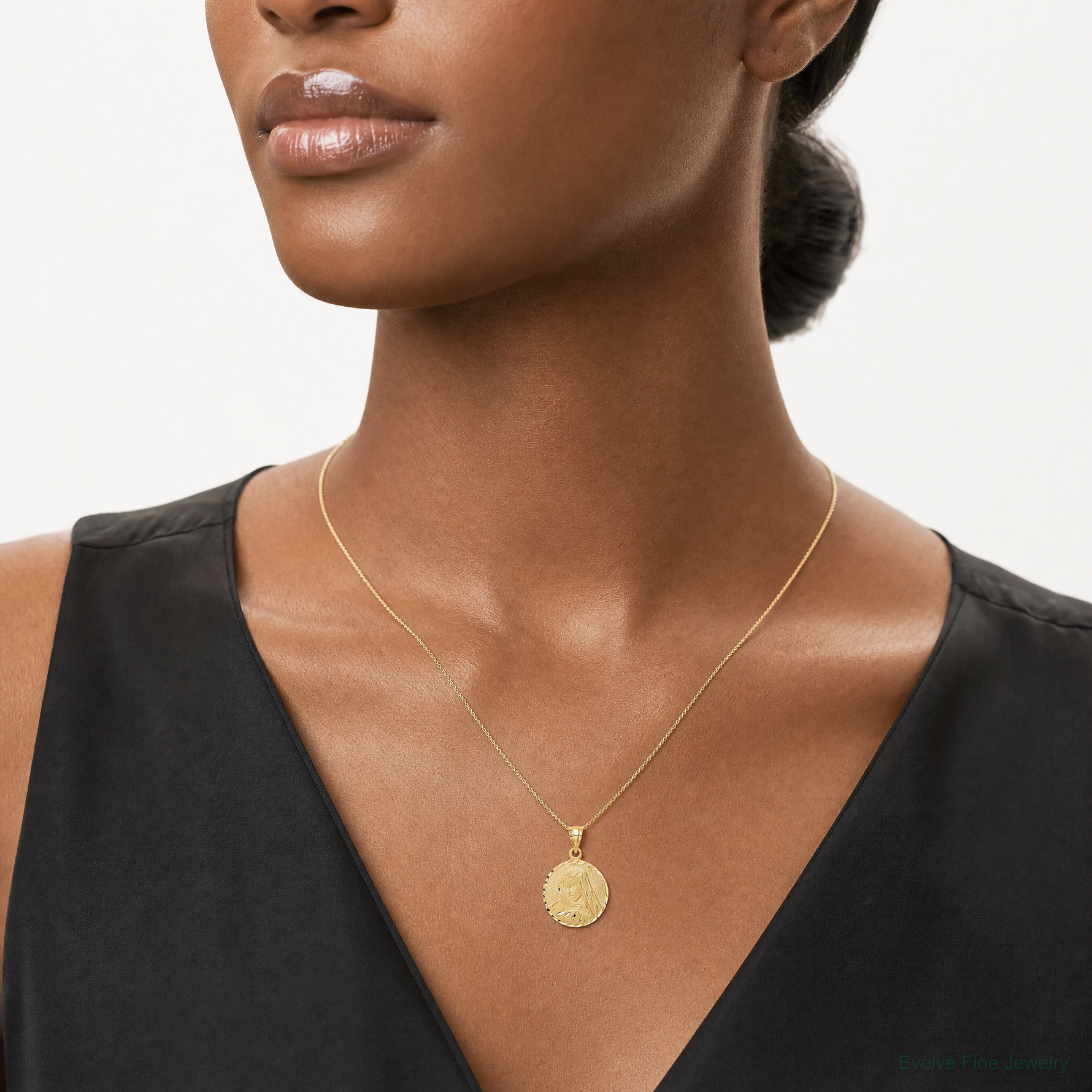 14K Brushed Diamond-Cut Virgin Mary Pendant - Model Shot