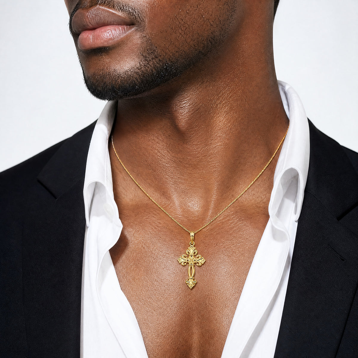 14K Polished Fancy Textured Cross Pendant - Model Shot
