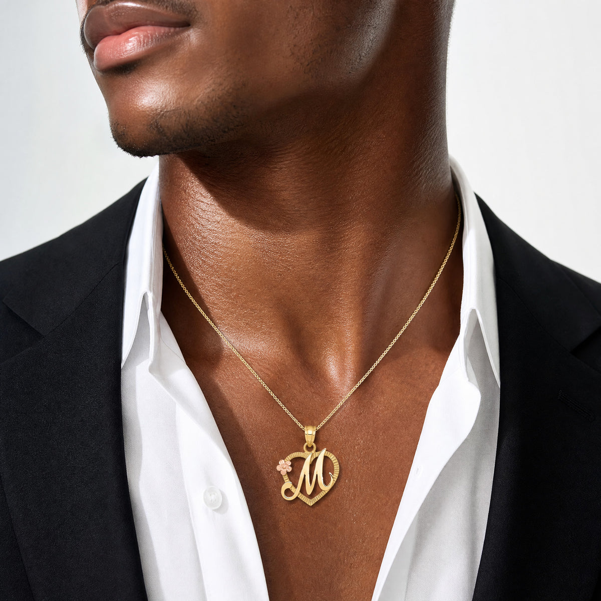 14k Two-Tone Heart Letter M  Initial Pendant - Model Shot
