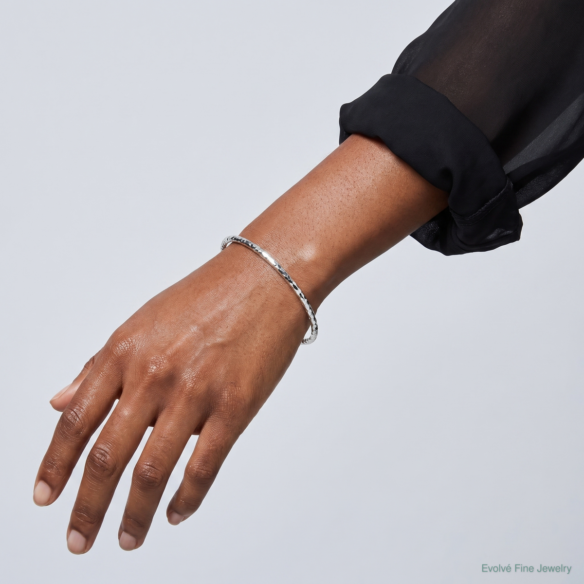 14k White Gold Textured Slip-on Bangle Bracelet - Model Shot