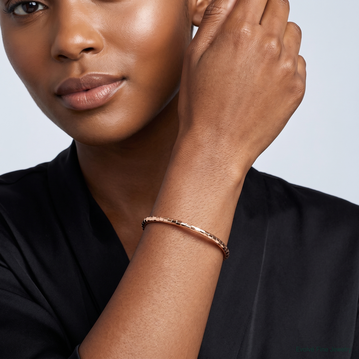 14K Rose Gold Polished Textured Slip-on Bangle Bracelet - Model Shot