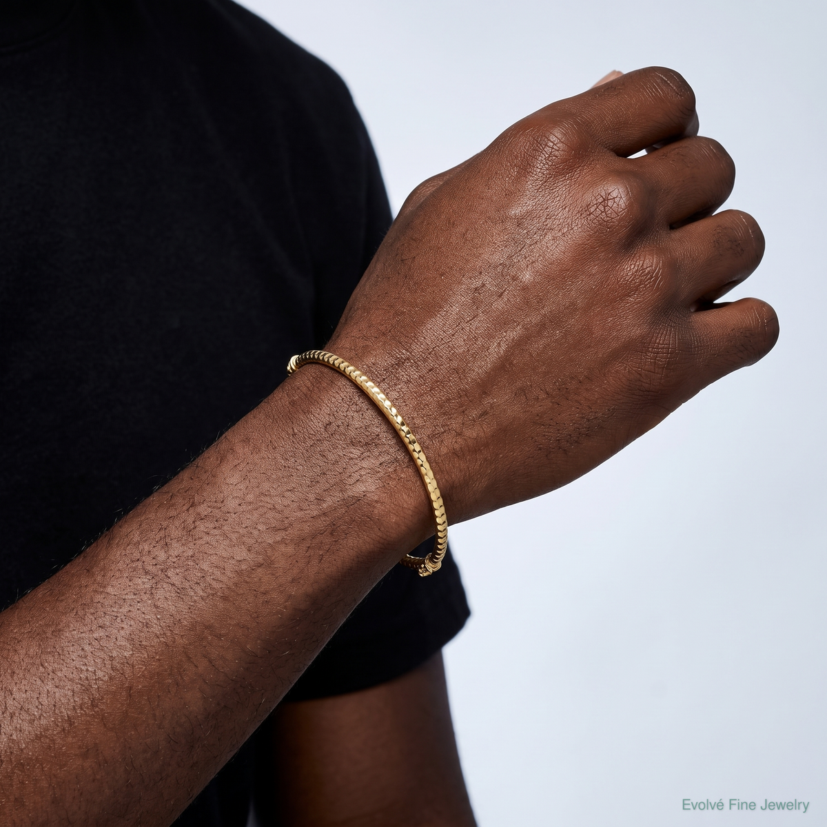 14K Polished and Textured Hinged Bangle Bracelet - Model Shot
