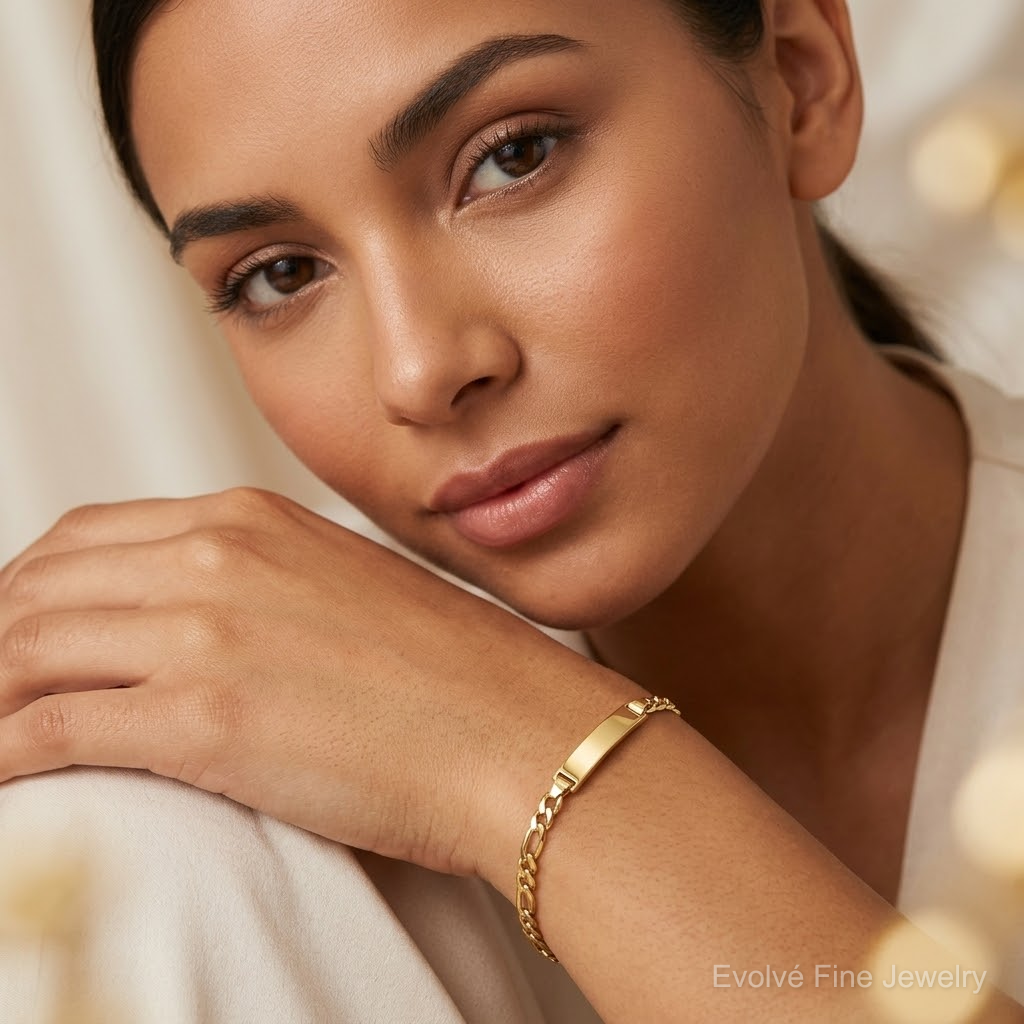 14k Semi-Solid Figaro Link ID Bracelet - Model Shot