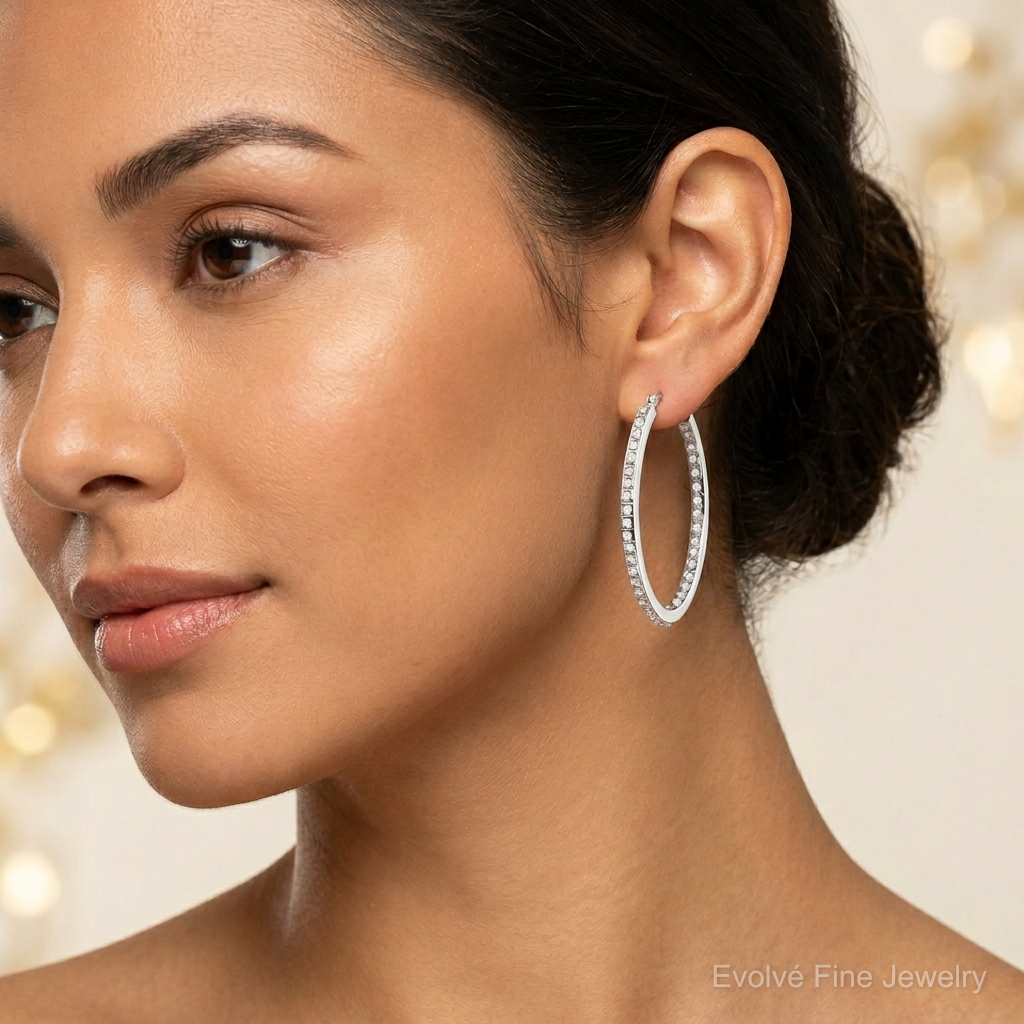 14k WG Diamond Fascination Diamond Dust/Accent Oval Hoop Earrings - Model Shot