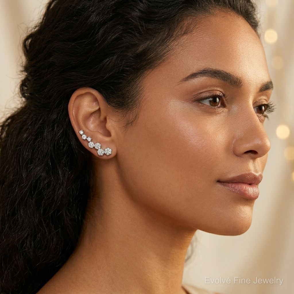 14k White Gold Diamond Ear Climber Earrings - Model Shot