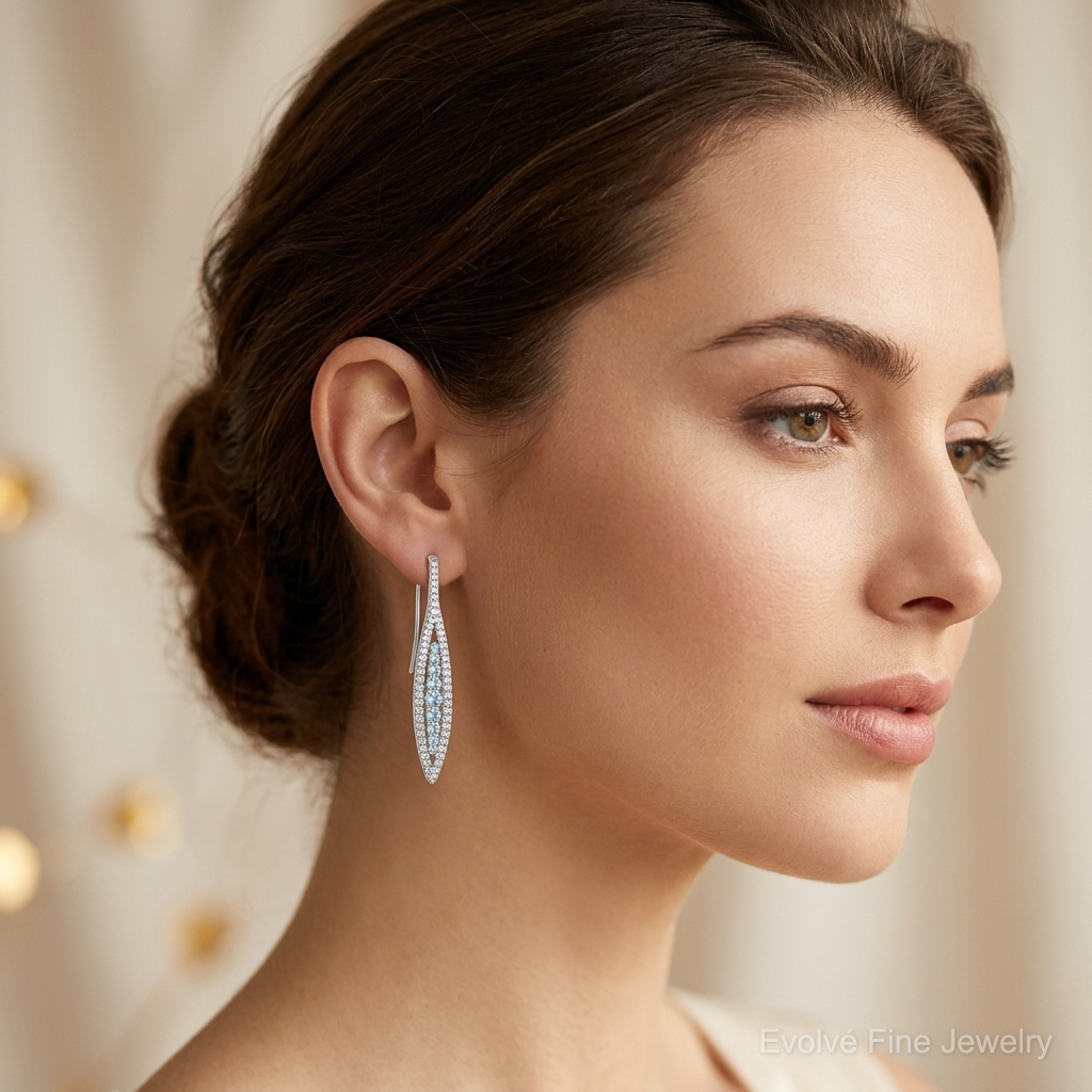 14k White Gold Diamond and Aquamarine Earrings - Model Shot