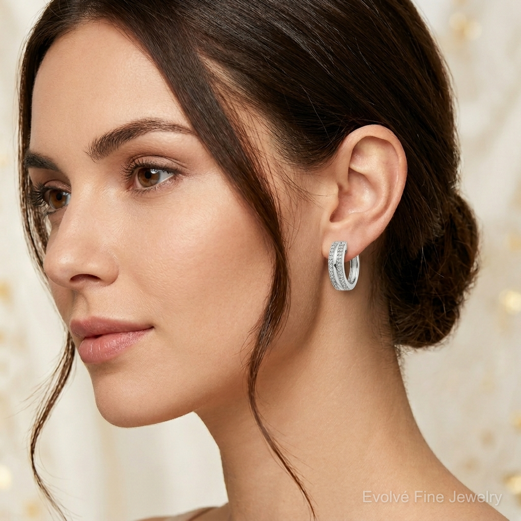 10k White Gold 2-row Diamond Hinged Hoop Earrings - Model Shot
