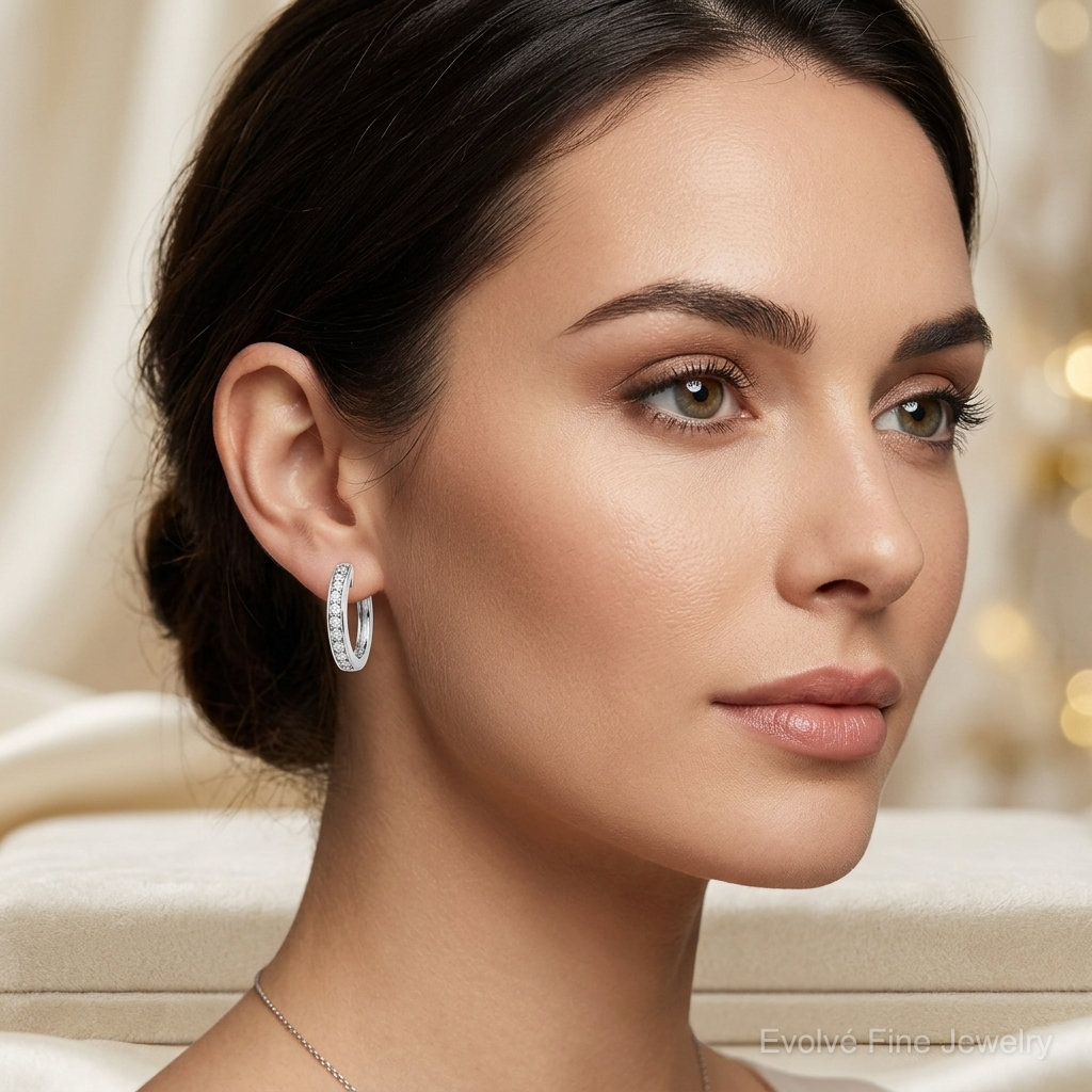 14k White Gold Diamond Complete Hinged Hoop Earrings - Model Shot
