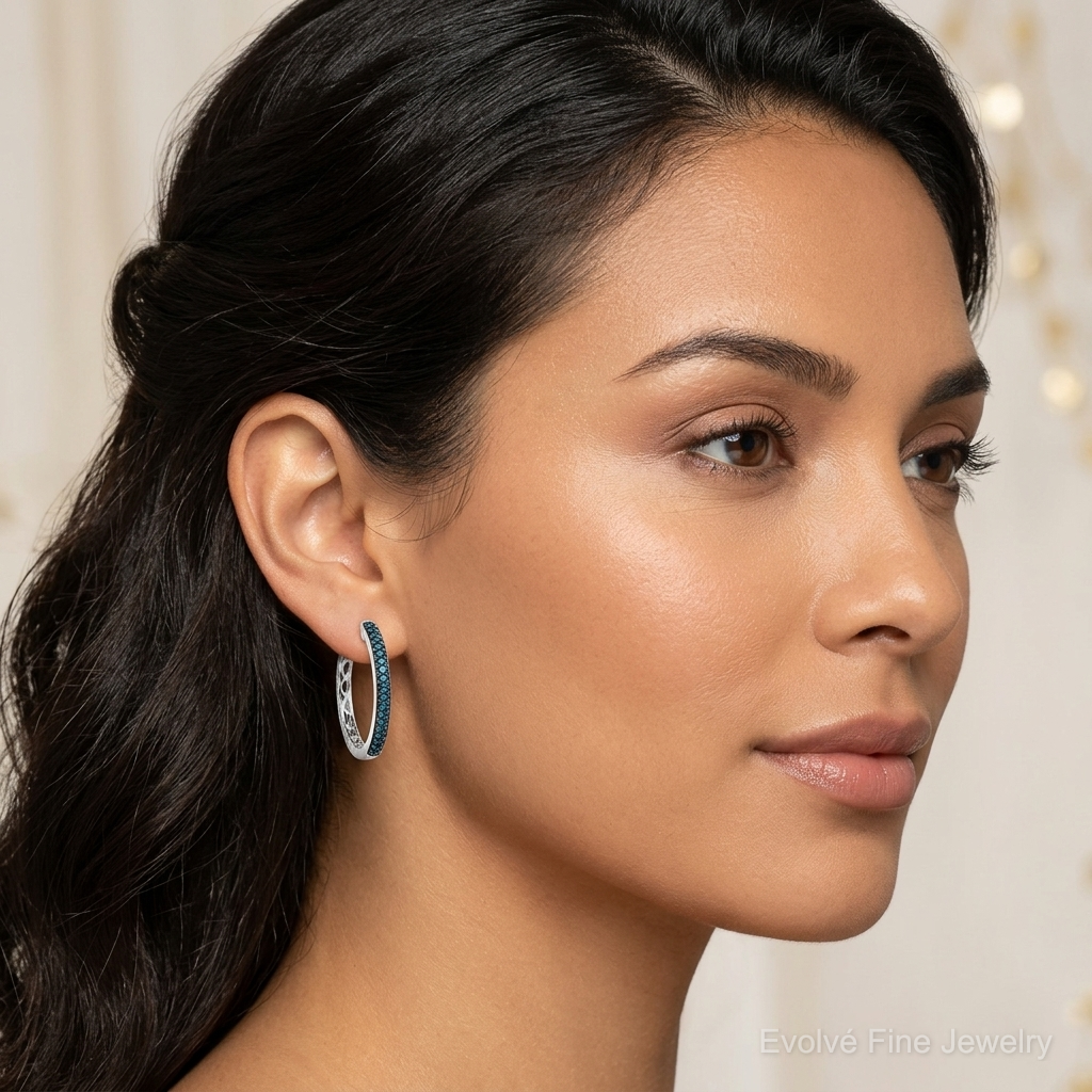14k White Gold Blue Diamond 2.2mm Hinged Hoops - Model Shot