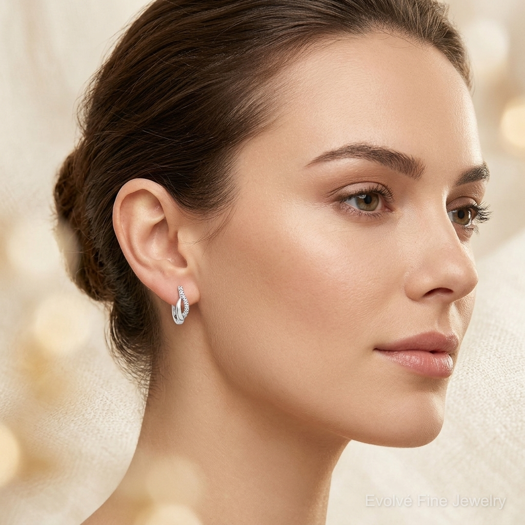 14k White Gold Diamond Hinged Earrings - Model Shot