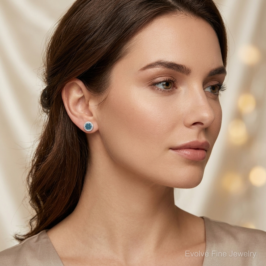 14k White Gold Blue/White Diamond Cluster Post Earrings - Model Shot