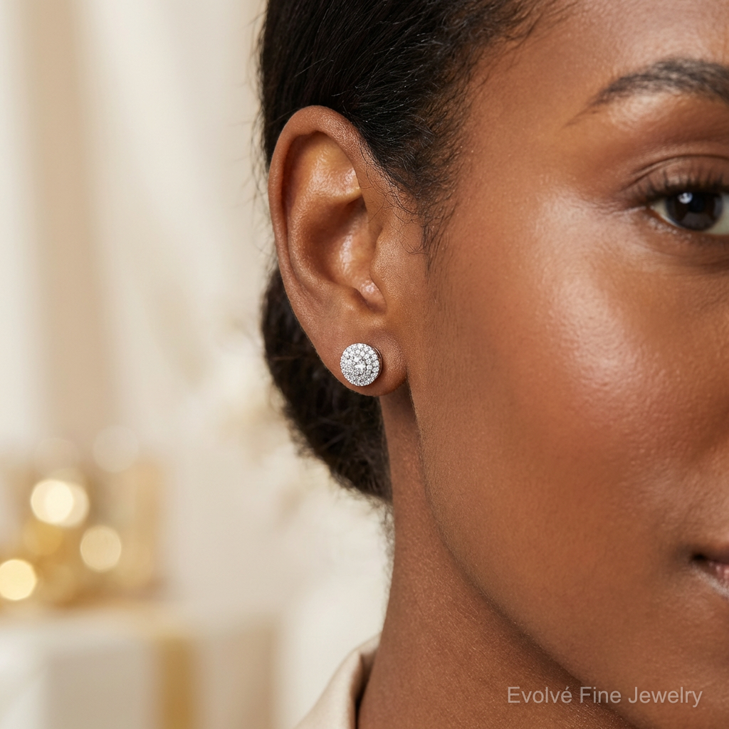 14k White Gold Diamond Cluster Post Earrings - Model Shot