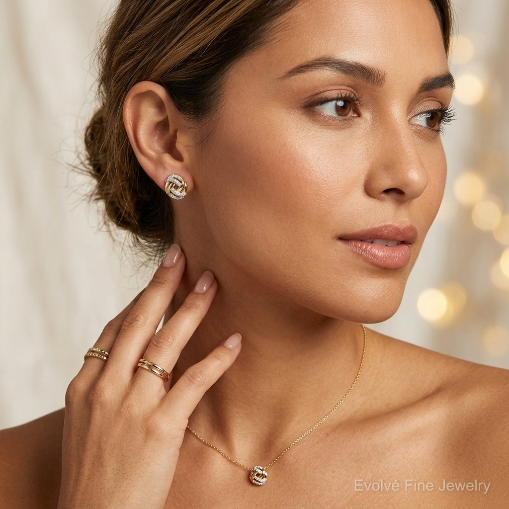 14k Diamond w/Rhodium Accents Round Post Earrings - Model Shot