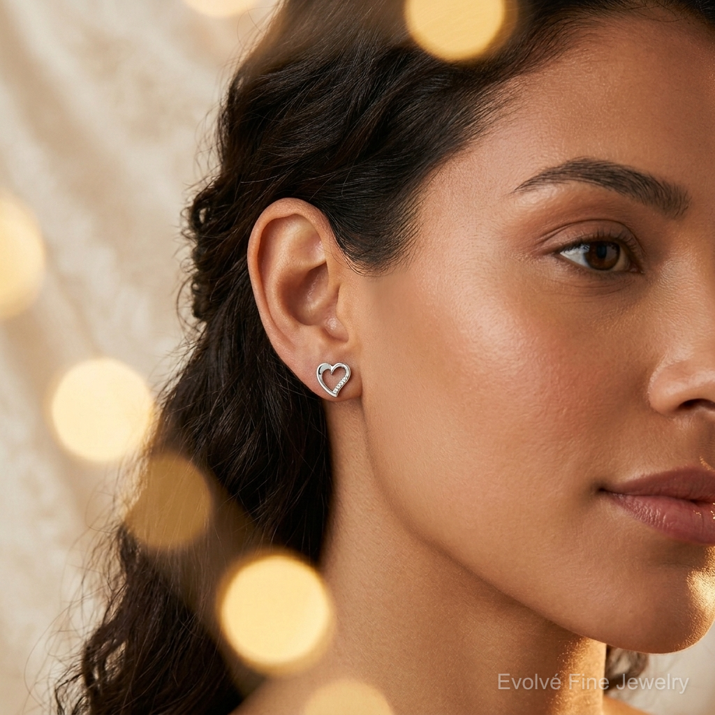 14k White Gold Diamond Heart Earrings - Model Shot