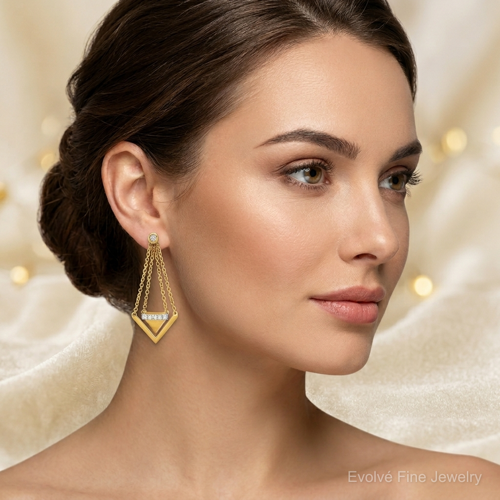 14k Satin/Polished Diamond Triangle Chain Dangle Post Earrings - Model Shot