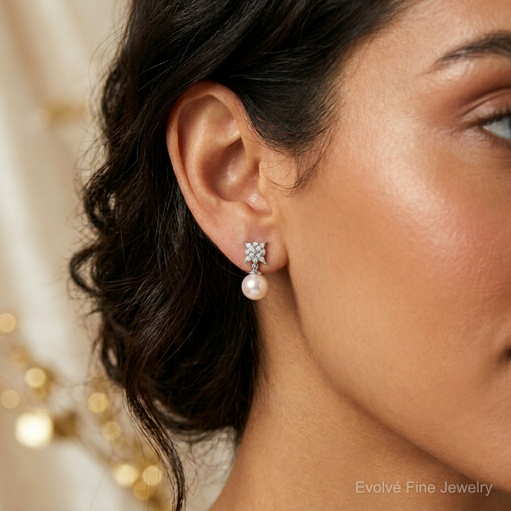 14k White Gold Freshwater Cultured Pearl & Diamond Post Earrings - Model Shot