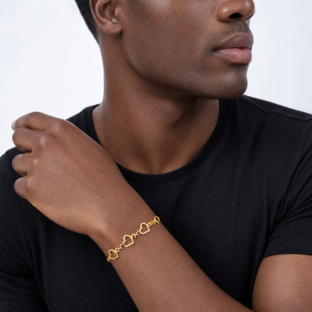 14K Flat Diamond Cut Open Hearts Bracelet - Model Shot