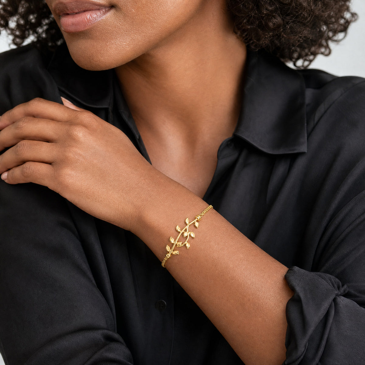 14K Polished Leaf Bracelet - Model Shot