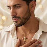 14K Ruby and Emerald Cabochon Cross Pendant - Model Shot