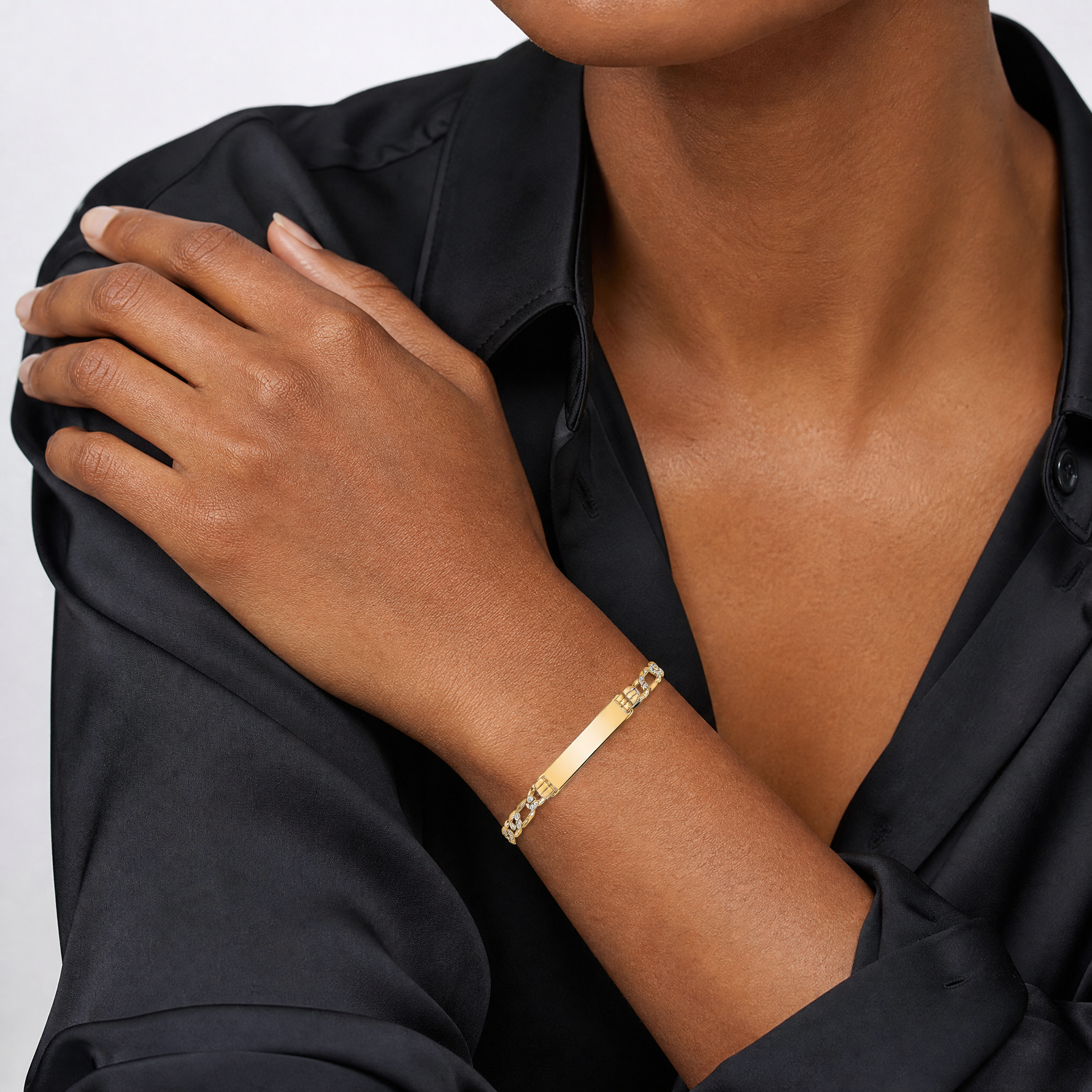 14k with Rhodium Pavé Figaro ID Bracelet - Model Shot