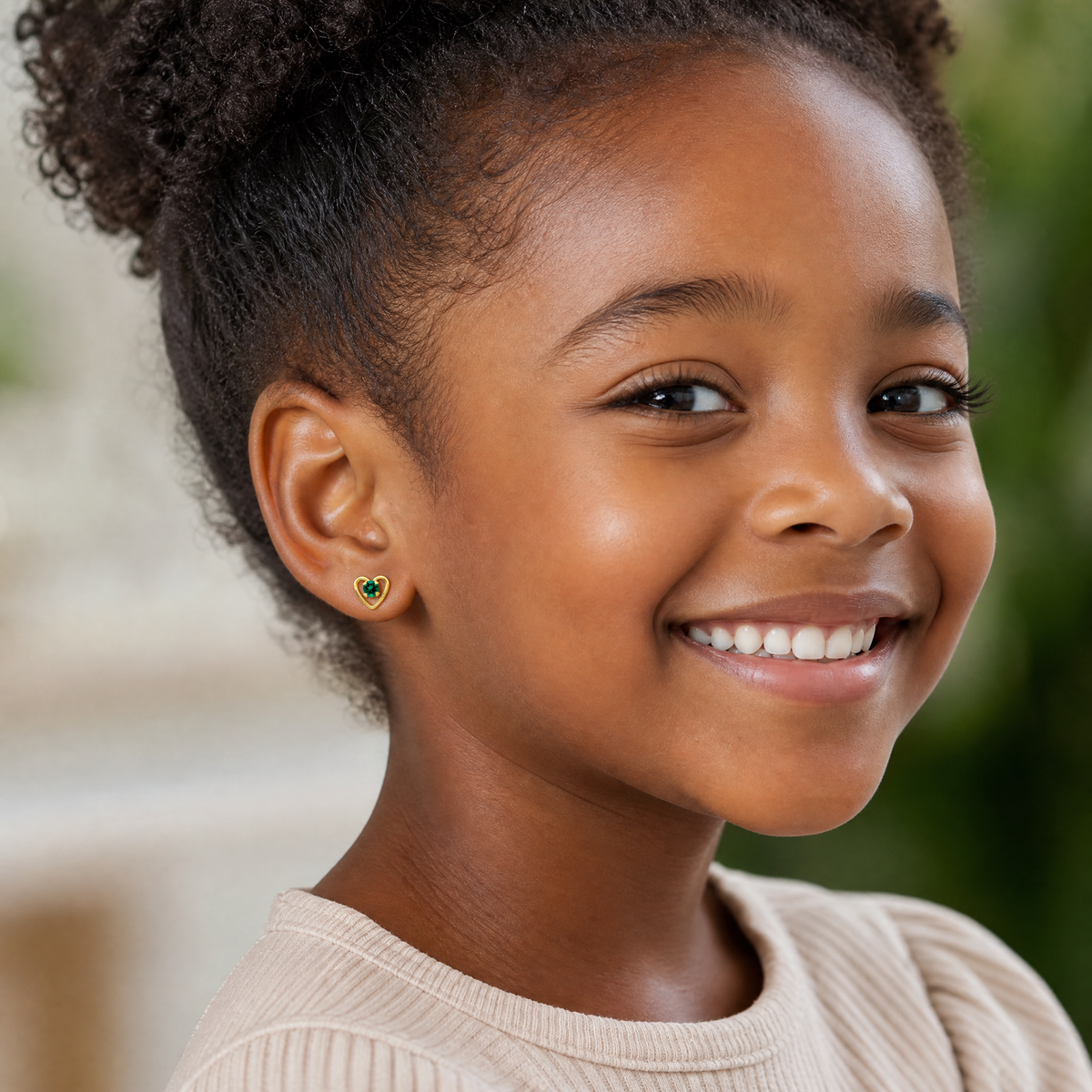 14k Madi K 3mm Created Emerald Birthstone Heart Earrings - Model Shot
