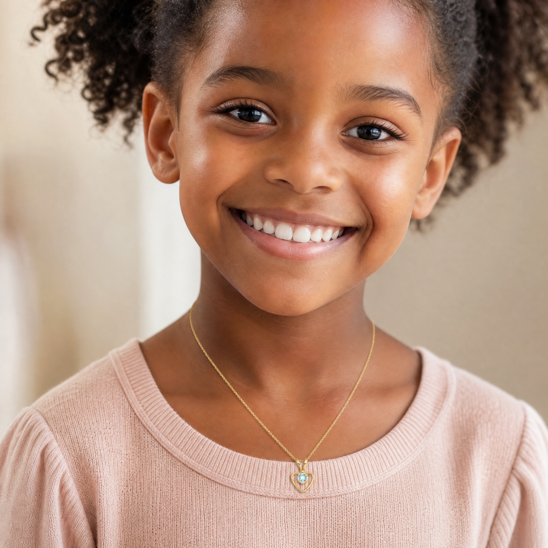 14k Madi K 3mm Aquamarine Heart Birthstone Necklace - Model Shot