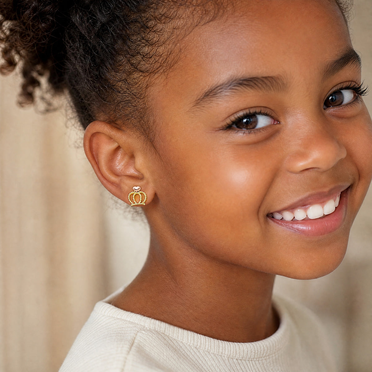 14k Yellow & Rose Madi K Gold Children's Crown Post Earrings - Model Shot