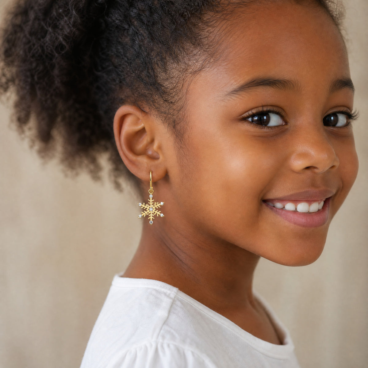 14k Madi K CZ Children's Snowflake Dangle Earrings - Model Shot