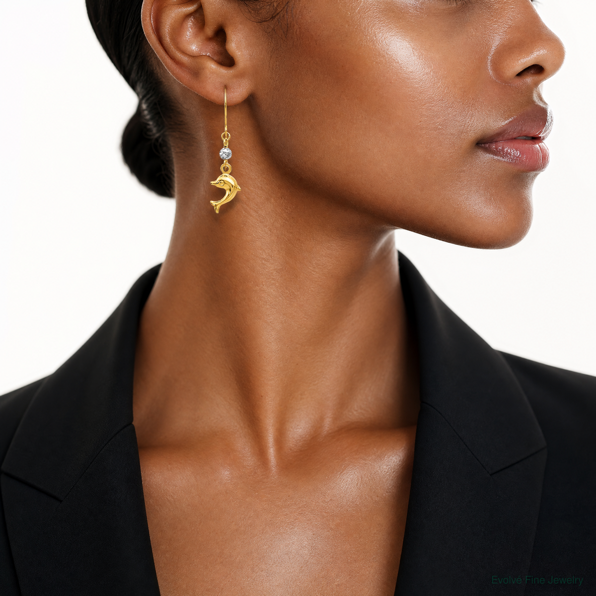 14K Two Toned Puffed Dolphin Shepherd Hook Earrings - Model Shot