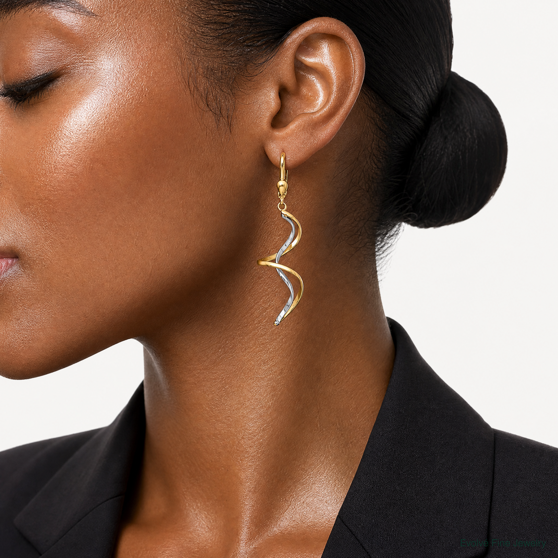 14k Two-tone Spiral Dangle Earrings - Model Shot