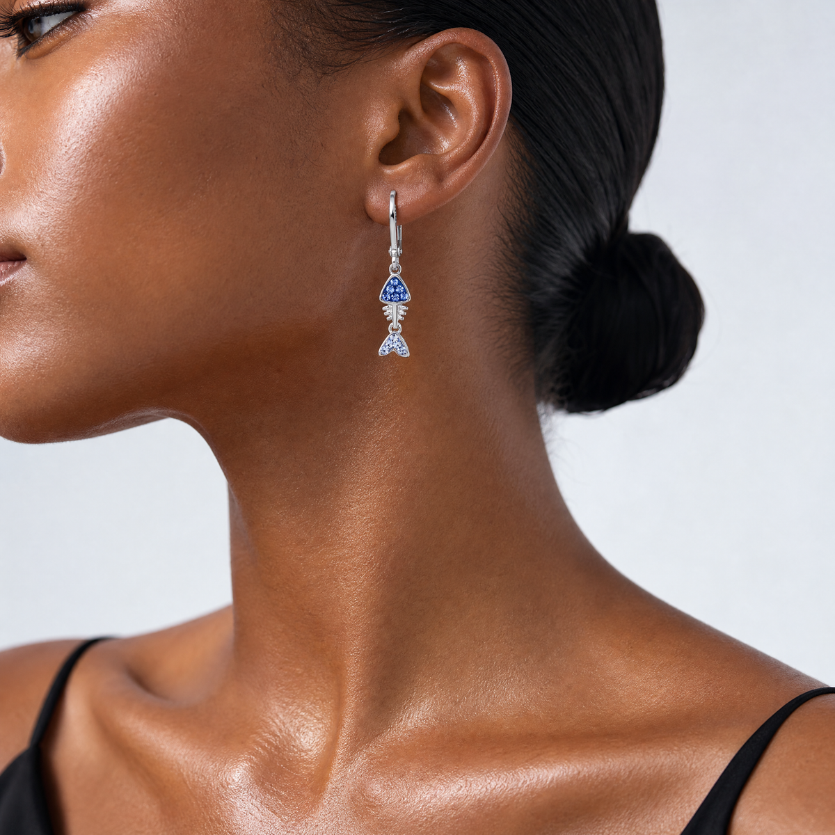 Sterling Silver Rhodium-Plated Blue Crystal Bonefish Dangle Earrings - Model Shot